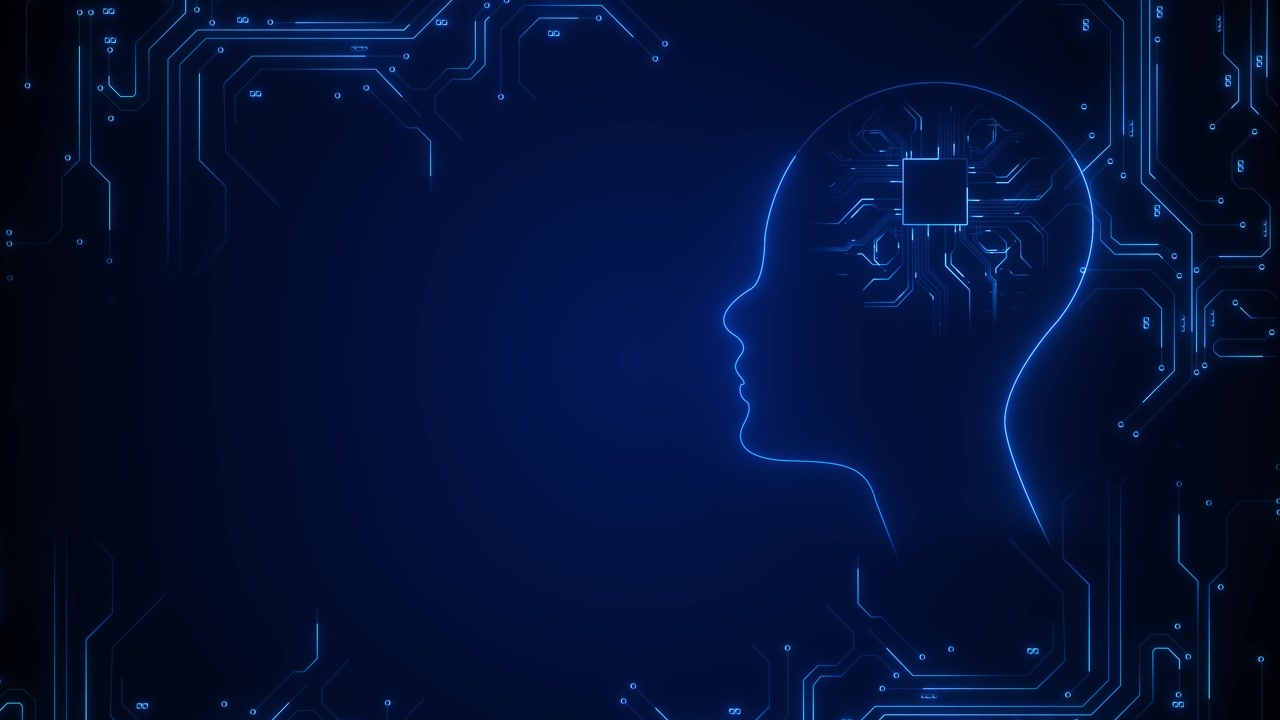 Blue ai head circuit background with glowing chip clean copy space and futuristic motherboard lines