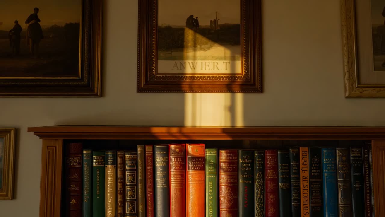 Shifting sun angle sending sunbeam across wooden bookcase at study, lighting bright orange-red book