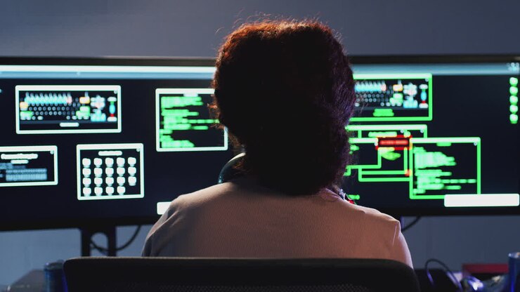 Bagfra-billede af en ung kvindelig hacker, der sidder foran computerskærme og omgår cybersikkerhed.