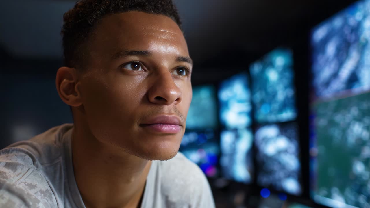 A Concentrated Individual Engaged in Analytical Work Amidst Multiple Monitors Displaying Complex Data, Reflecting Focus and Dedication in a High-Tech Environment