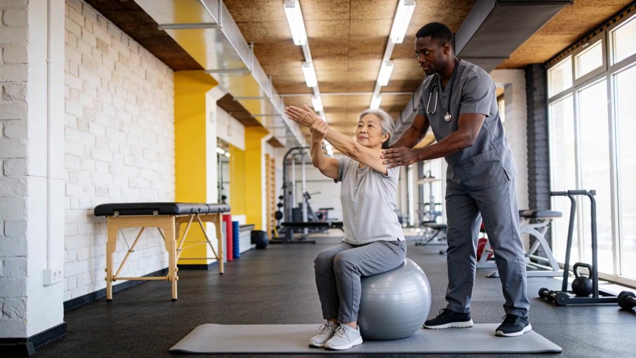 Cueing therapist in gray scrubs guiding senior woman reaching on stability ball in clinic for rehab