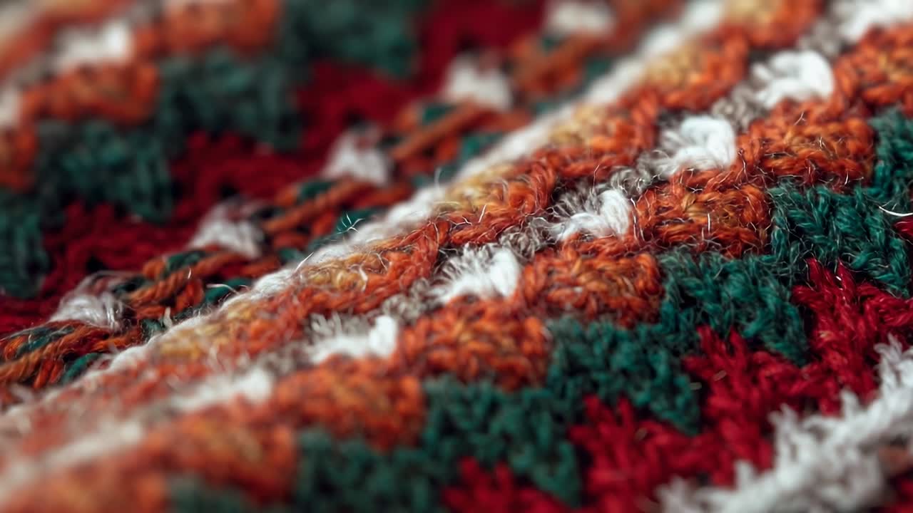 Camera zooming in on patterned woolen textile at craft tabletop, with detailed wool yarn fibers