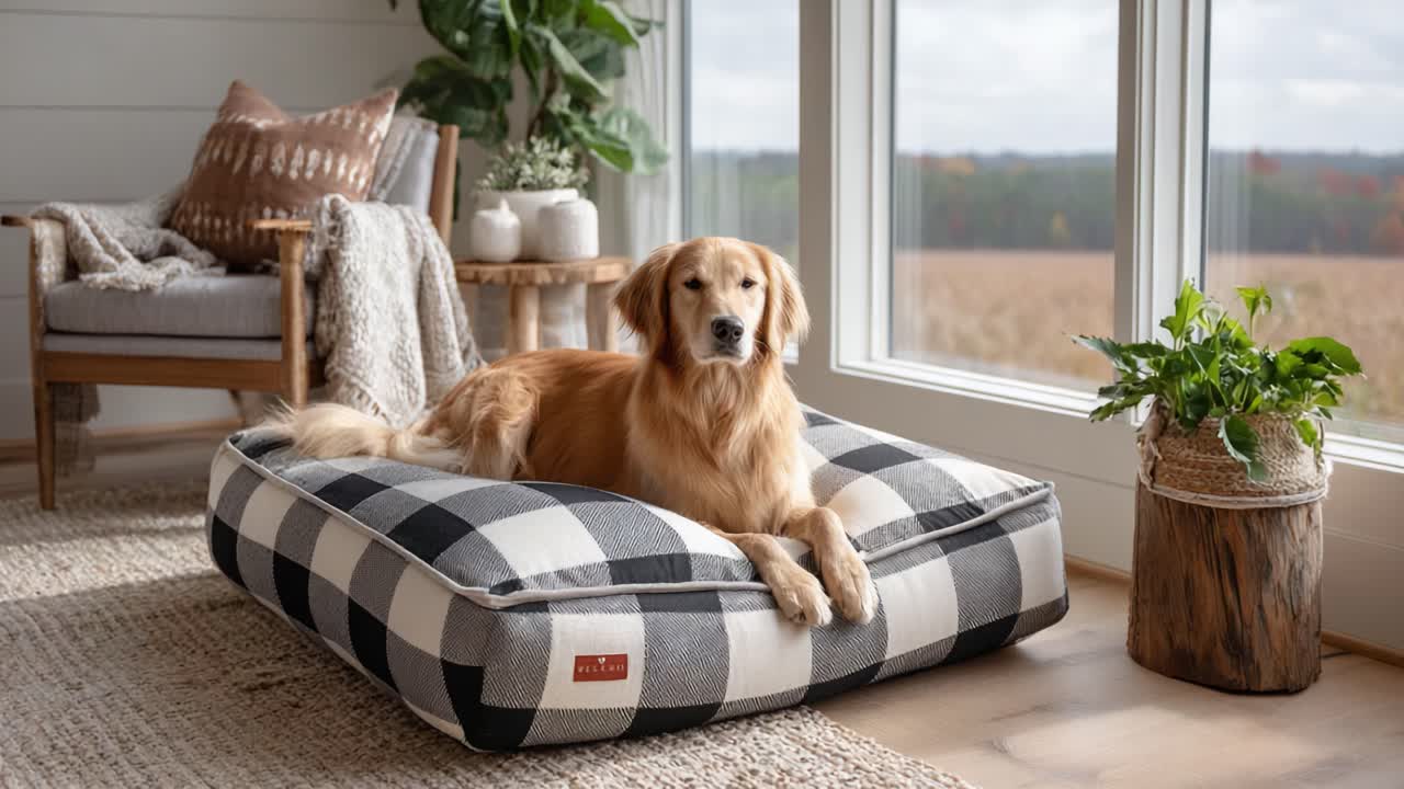 A Golden Retriever Relaxing Comfortably on a Stylish Checkered Dog Bed in a Cozy Home Setting with Large Windows Overlooking a Tranquil Outdoor Landscape