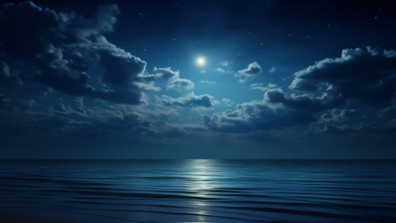 Un paysage marin nocturne serein avec une pleine lune et des nuages, capturé depuis un angle bas