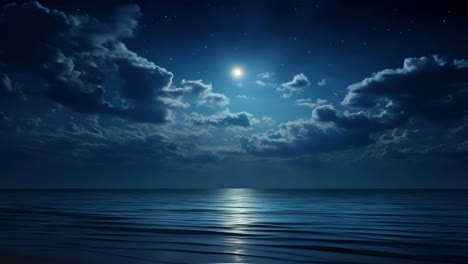 A serene night seascape with a full moon and clouds, captured from a low angle