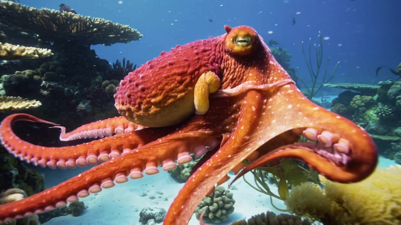 Polpo rosso-arancio che, in risposta alla telecamera lenta, estende i tentacoli sulla barriera corallina, mostrando le ventose.