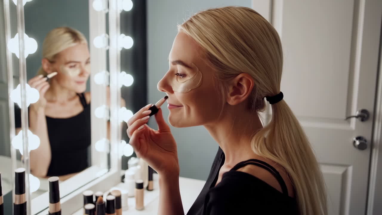 mujer aplicando maquillaje frente a un espejo