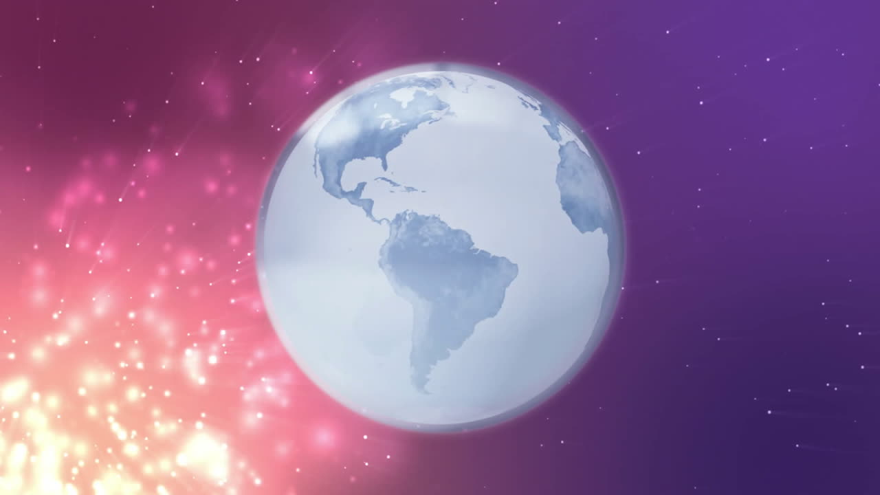 Globe spinning with sparkling lights animation over purple and pink background