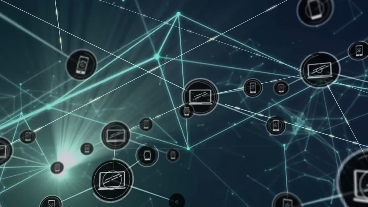 animación de una red de iconos digitales sobre redes de plexus contra un fondo azul.