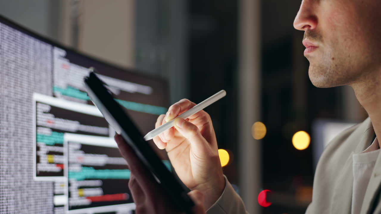 A developer working on code with a tablet and stylus