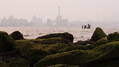 view of manhattan covered in smoke from wildfires seen from beach on the east river with waves crashing on mossy rocks in the foreground