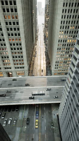 high angle view of a city street with skyscrapers