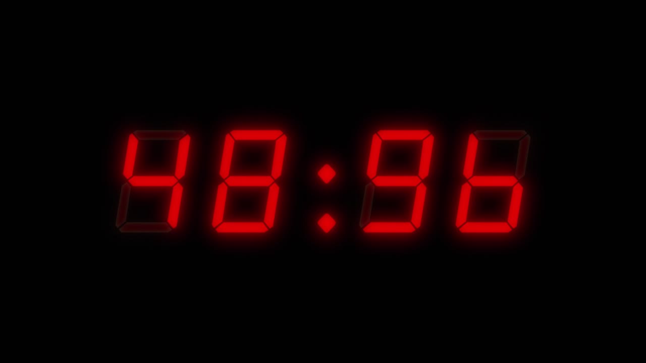 4-digits 60 seconds (1 minute) digital clock countdown timer. Red digits on black color background. Retro digital alarm clock
