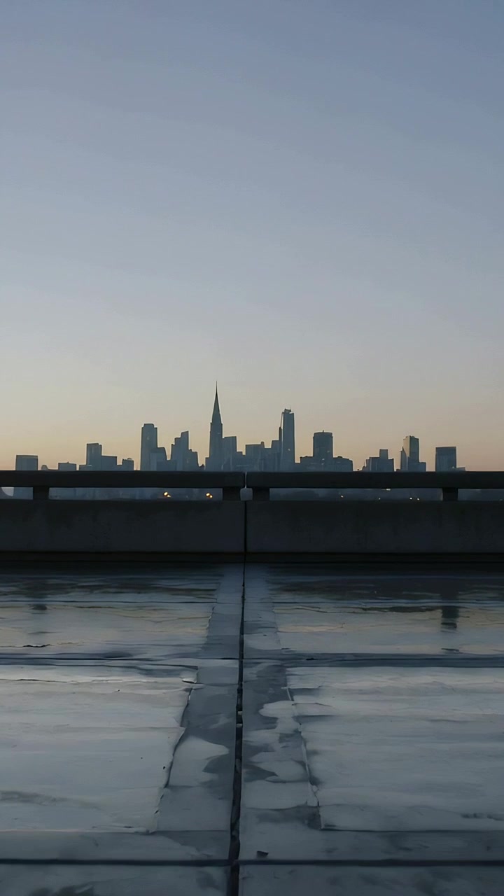 Vídeo vertical: Costuras de telhado molhadas e brilhantes e poças levando em direção à torre enquanto o amanhecer surge, forma ciano