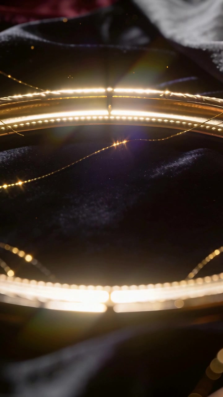 Video verticale: Accendendo un anello d'oro che emette scintille su un panno scuro su un tavolo, con LED per l'esposizione.