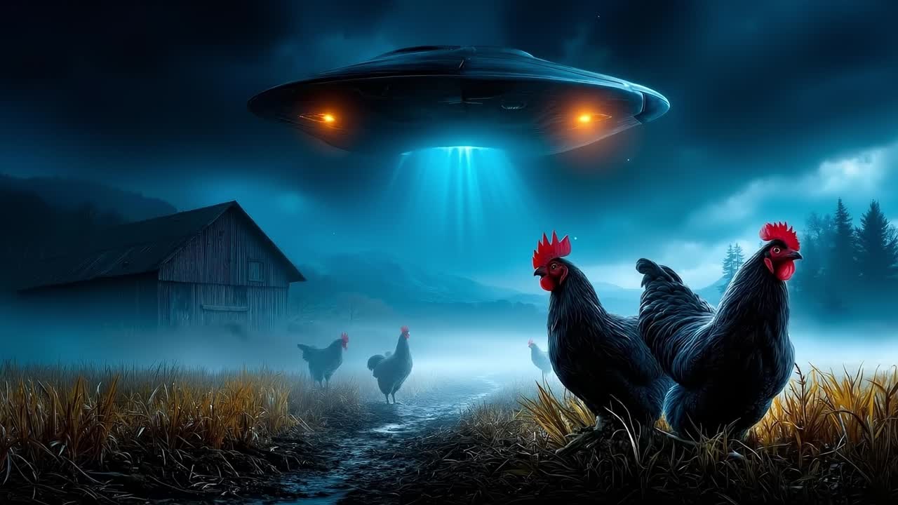 A group of chickens standing in a field next to a barn