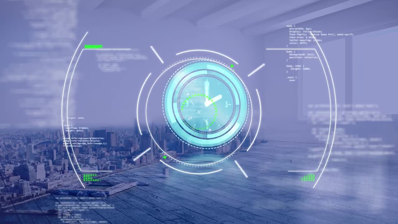 animación del procesamiento de datos con reloj sobre el paisaje urbano