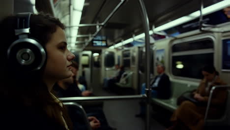 young woman with headphones on a subway train