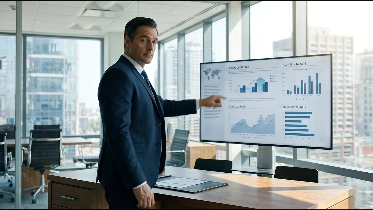 Businessman Analyzing Financial Data on Screen in Modern Office