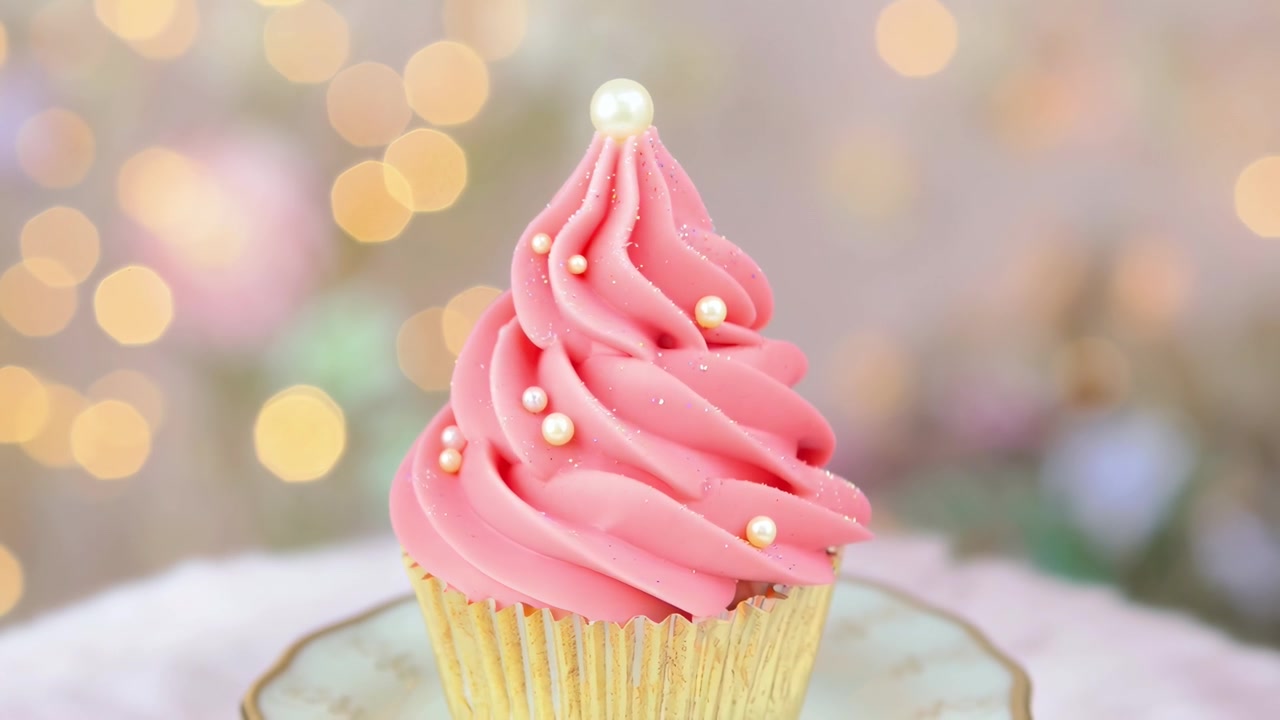 Elegante cupcake rosa con perle e glitter su un piatto decorativo