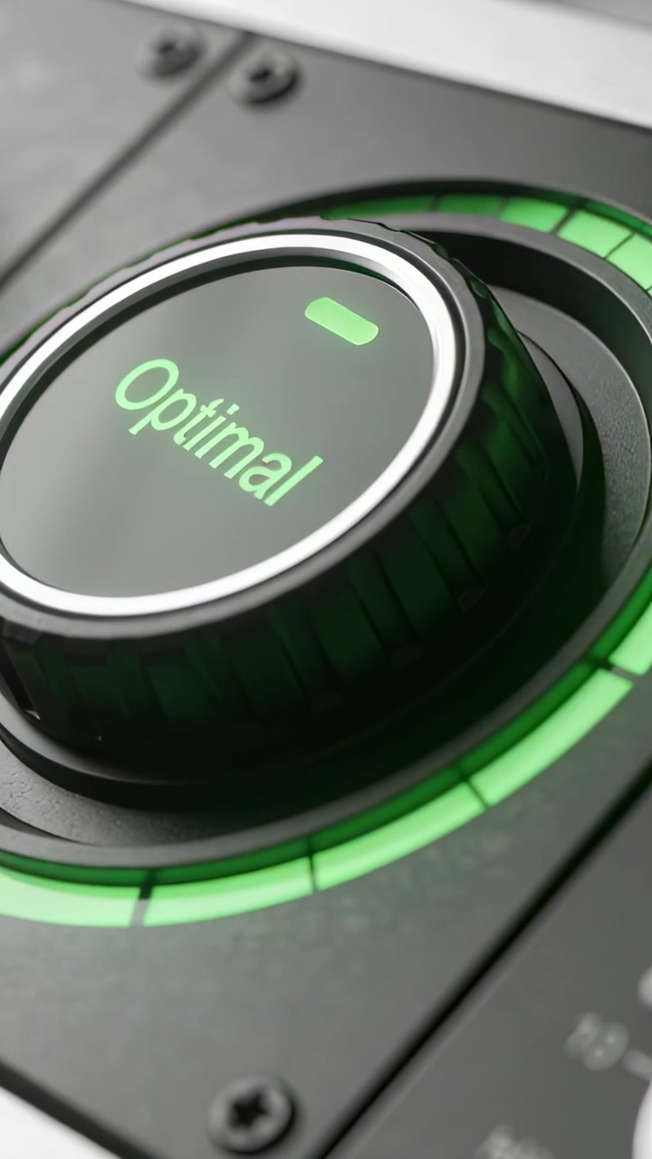 Video vertikal: Kamera miring menunjukkan kenop berlabel Optimal pada panel hitam, menyoroti cincin LED