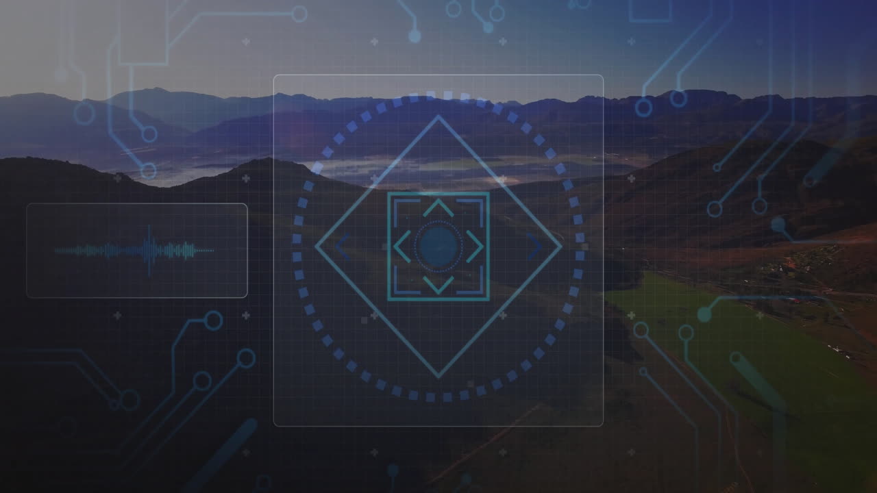 3D render showing mountain valley being overlaid with circuit lines HUD graphic and waveform panel