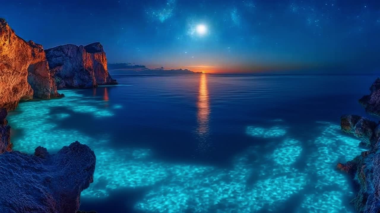 Twilight over a calm ocean. Twilight casts a magical glow over the calm ocean, reflecting stars and moonlight on the serene waters.