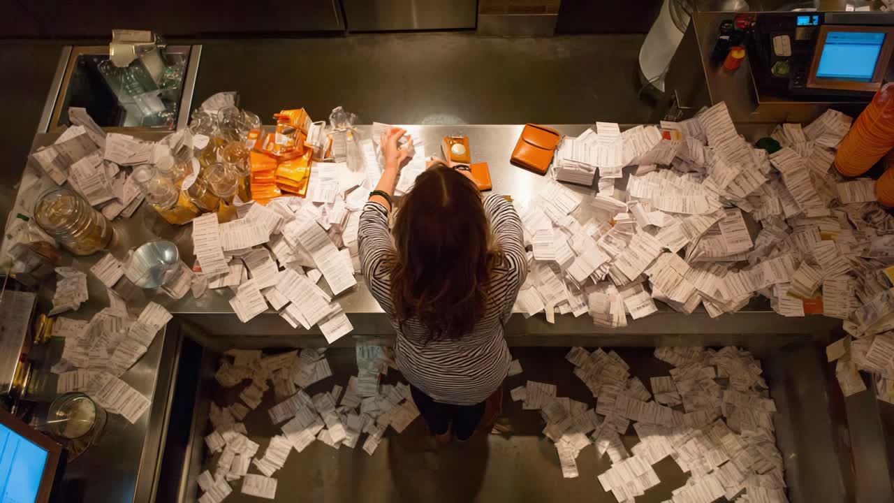 A Overwhelmed Counter Surrounded by a Sea of Receipts: An Insight into the Chaos of Daily Transactions in a Busy Establishment