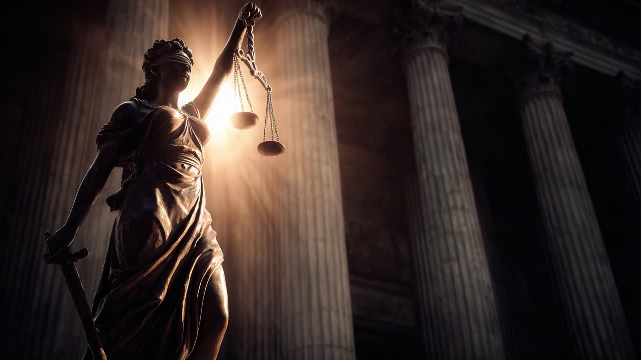 A captivating representation of justice depicted through a powerful statue, symbolizing fairness and balance beneath grand architectural columns, illuminated by a soft, ethereal light