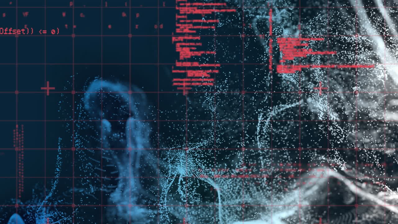 animación del lenguaje informático sobre el patrón de cuadrícula contra el patrón abstracto en fondo negro.