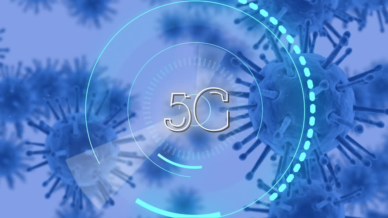 animación de 5g escrita sobre células de coronavirus que se propagan sobre un fondo azul.