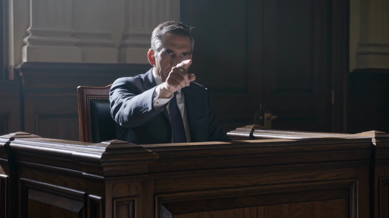 Un uomo in giacca e cravatta alza la mano e indica dal banco dei testimoni durante l'interrogatorio, enfatizzando un punto.