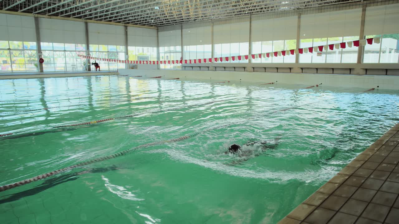 Person swimming freestyle in an indoor swimming pool