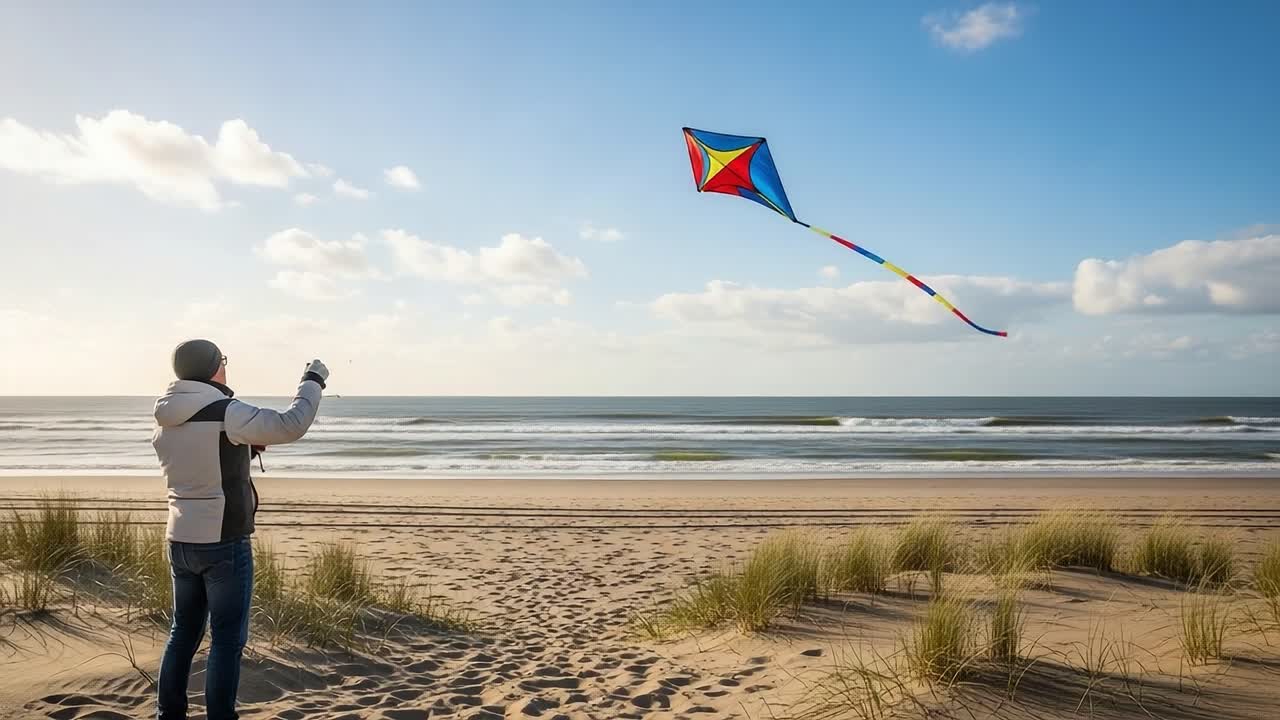 A Person Enjoys Flying a Colorful Kite Against a Beautiful Beach Background, Capturing the Joy of Outdoor Activities and Leisure Time by the Ocean