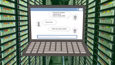 animation of ai chat on laptop over computer server room