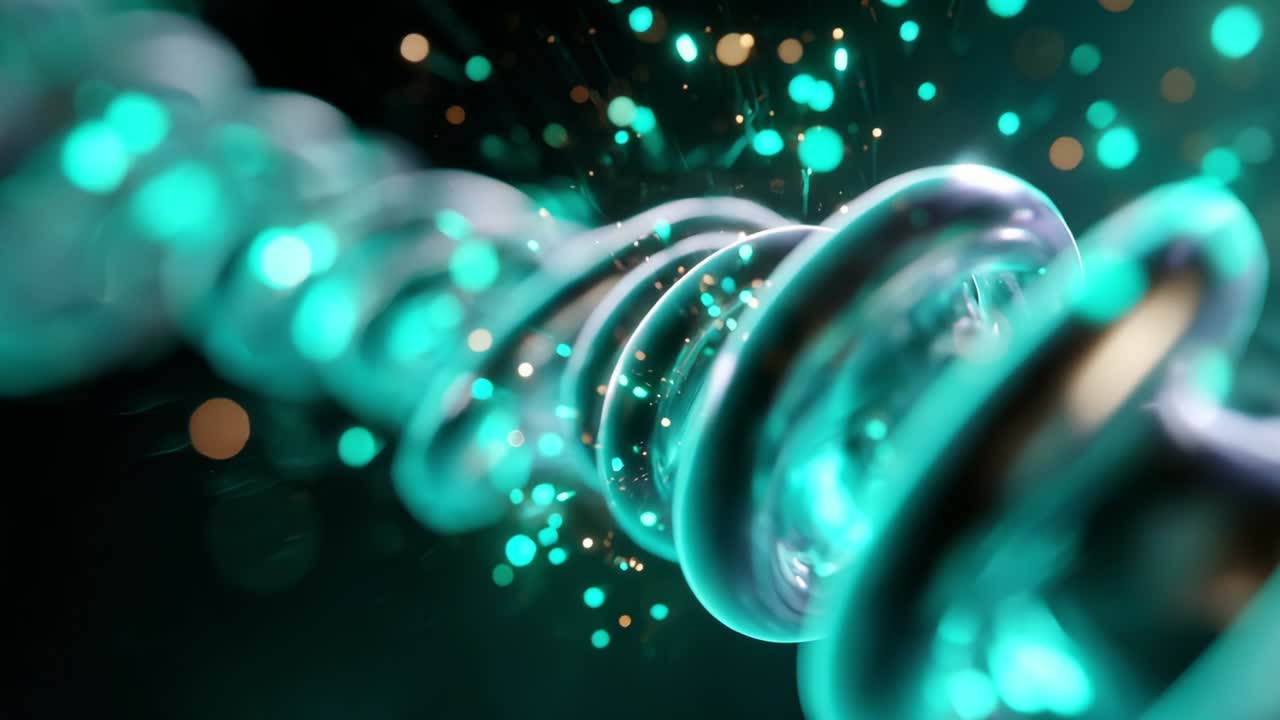 Exploring the Dynamics of Light and Motion: A Mesmerizing Sequence of a Spiraling Chain Captured in Vivid Detail with Glowing Particles and a Mystical Atmosphere, Representing Innovation and Energy Flow