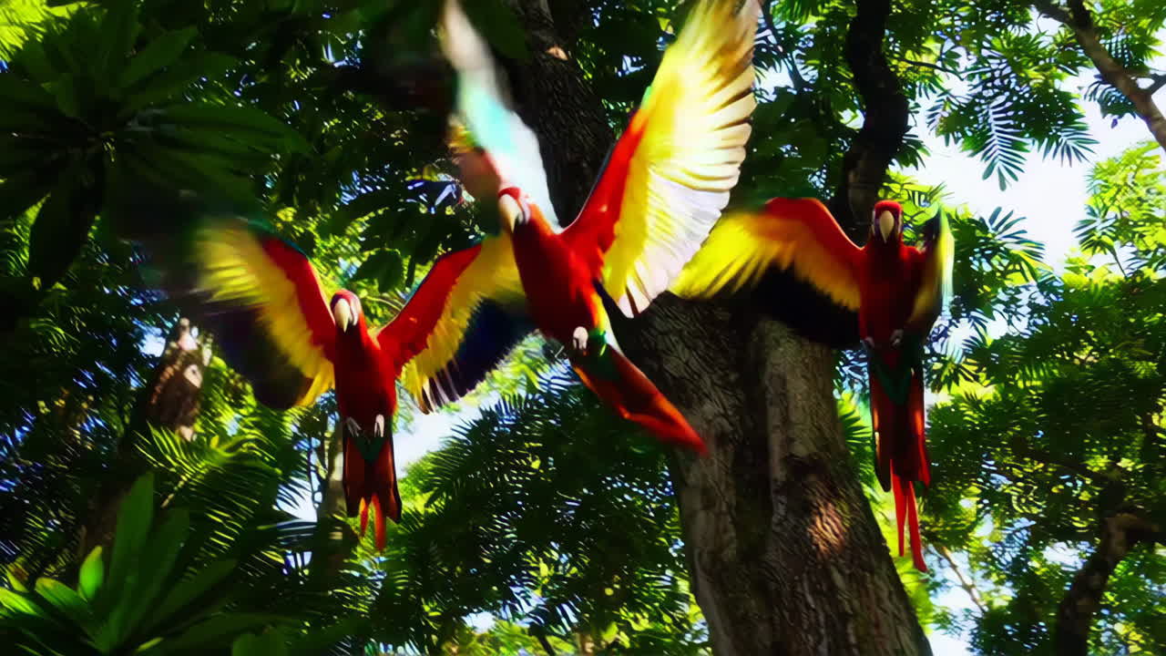 Colorful Macaws Soaring Through a Lush Rainforest Canopy