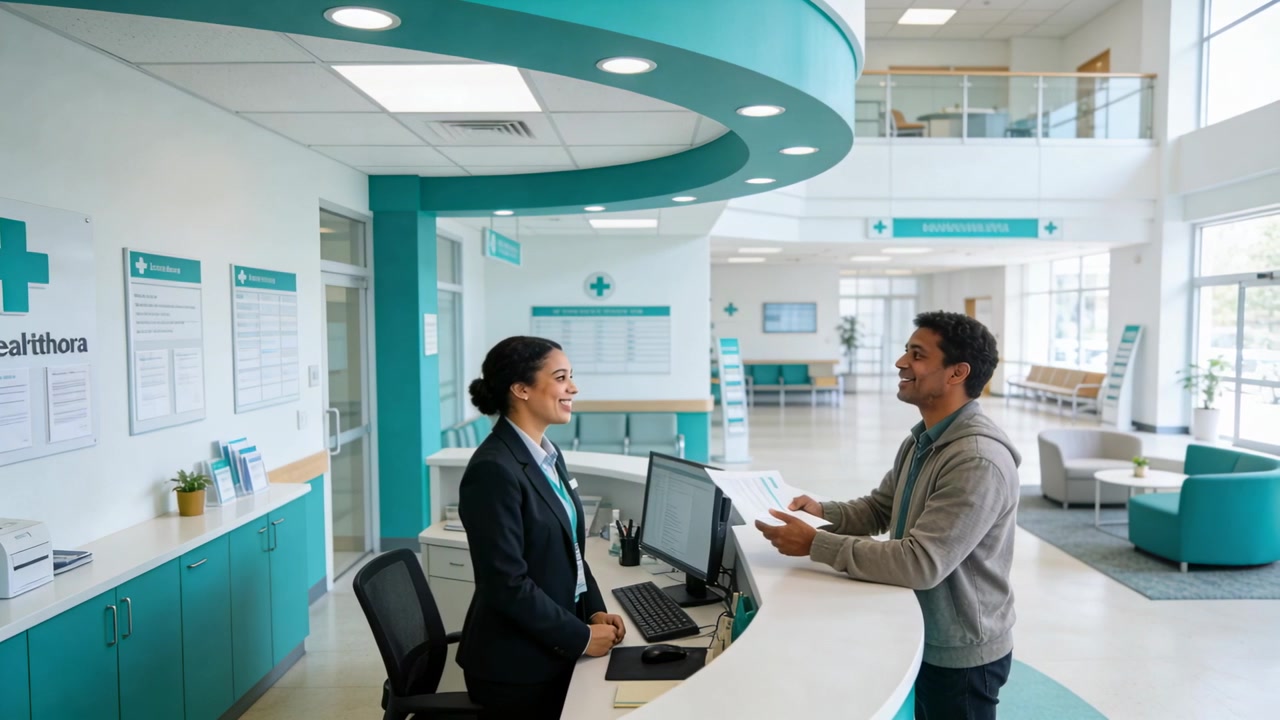 Entregando a la recepcionista con chaqueta oscura y corbata verde azulado un formulario, un visitante firmando el formulario para el registro en la clínica.