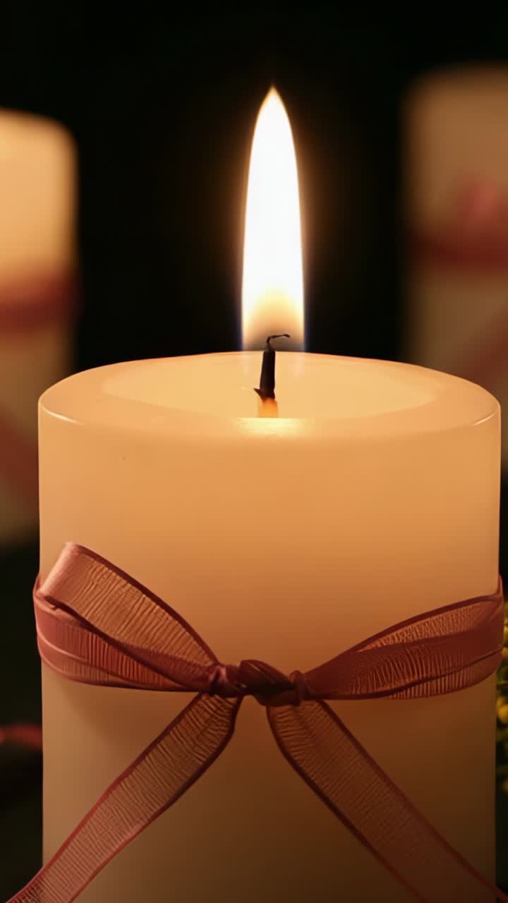 Vertical video: Flickering flame on white pillar candle with pink bow in dark room forming wax pool
