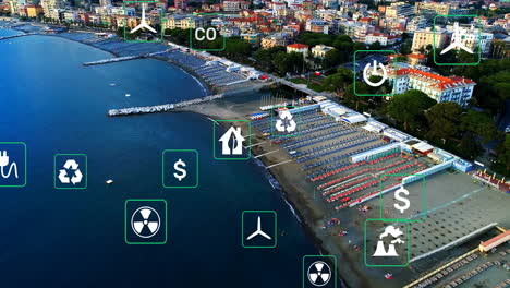animation of environmental icons overlaying beach and ocean in coastal city