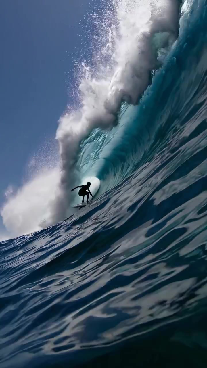 Surfista in silhouette che cavalca un'enorme onda a tubo nell'oceano