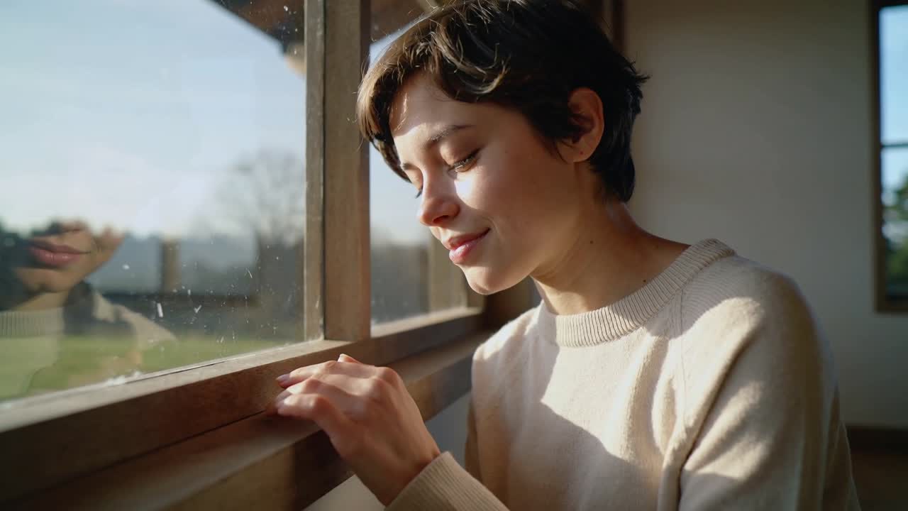 Donna con maglione beige che accarezza il davanzale, seduta vicino a una finestra di legno, con la luce del sole che si riflette sul vetro.