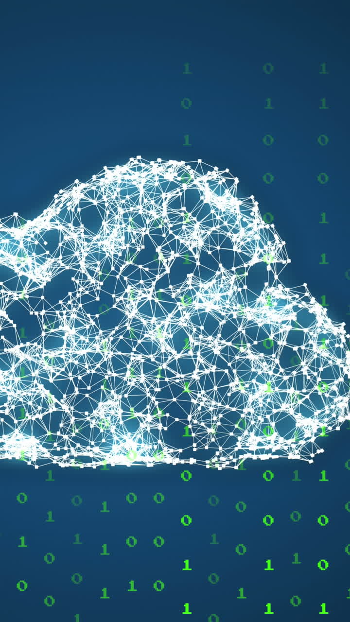 animación de números verdes que caen sobre una nube digital sobre un fondo azul