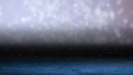 animation of snow falling over glowing spots of light with copy space and wooden surface