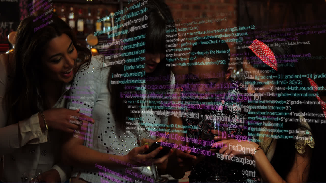 Animation of data processing over diverse female friends in bar