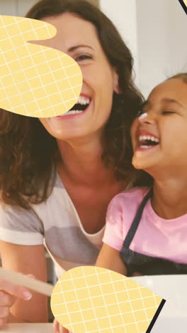animación de guantes de cocina sobre madre y hija caucásicas felices cocinando juntas