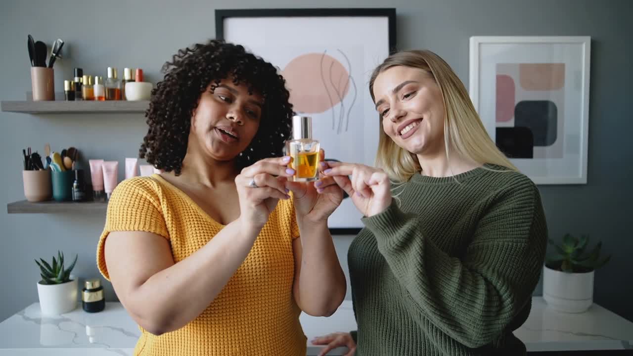 Donne a destra della toeletta si allungano a sinistra tenendo una bottiglia, ispezionando e mostrando, con un top color senape e un maglione verde oliva.