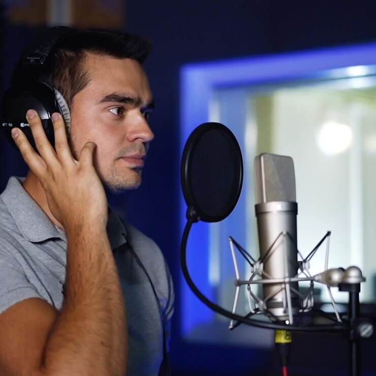 Cantante bello in piedi davanti a un microfono professionale. L'uomo ha le cuffie in testa e ascolta la musica.