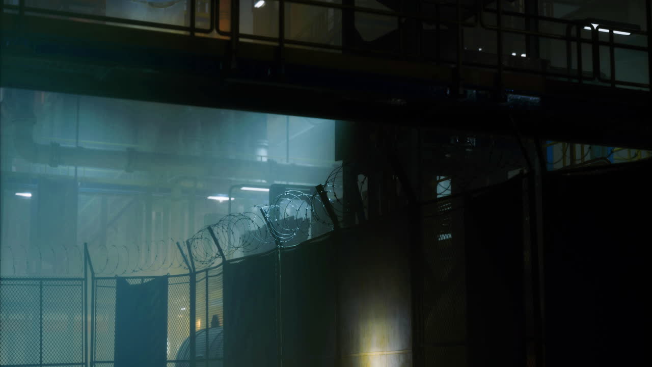 Industrial setting illuminated by eerie lighting near a fence at night