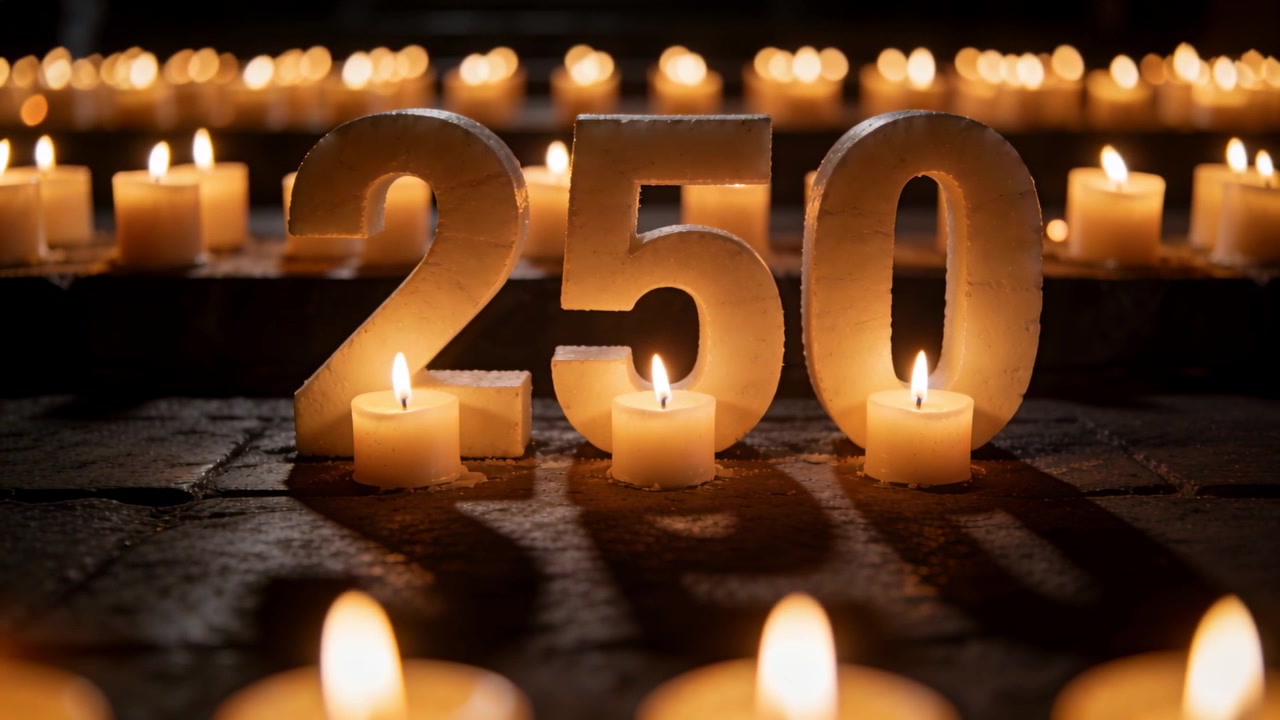 Candele tealight accese che producono un bagliore tremolante sui numeri 250 su un pavimento in pietra, a segnare un traguardo